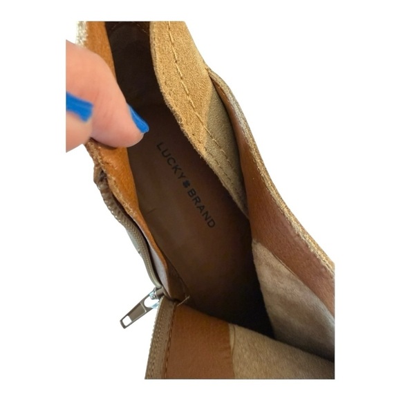 Lucky Brand Macawi Wedge Bootie Tan Leather Ankle Boots Coastal Cowgirl Boho - Picture 6 of 10